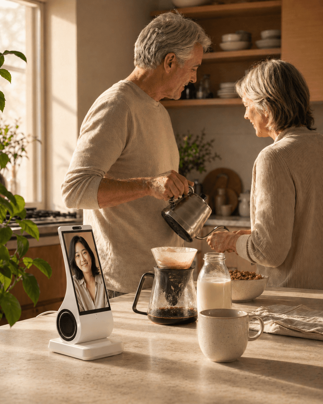 Euvola AI companion device on a kitchen counter in the morning