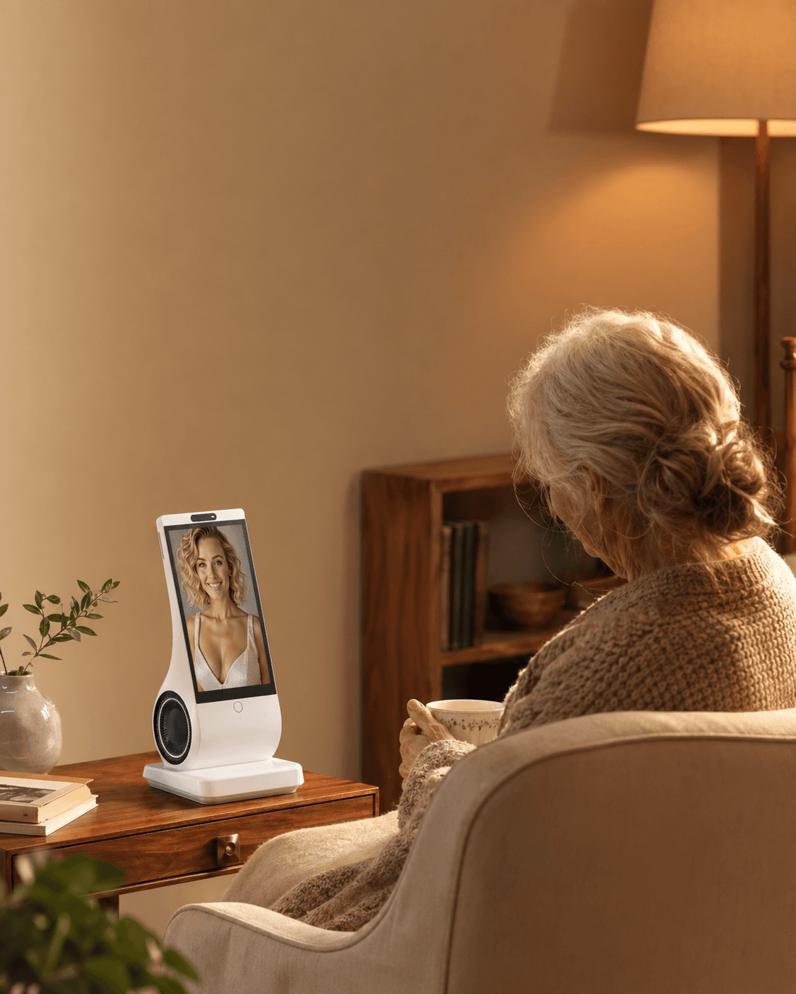 Euvola AI companion device in a warmly lit living room