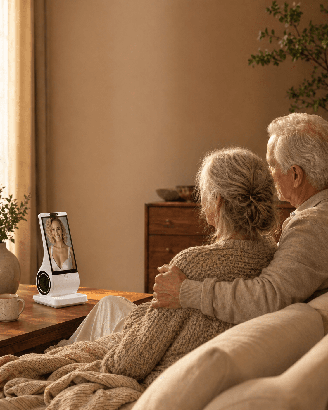 Euvola AI companion device in a comfortable home living room